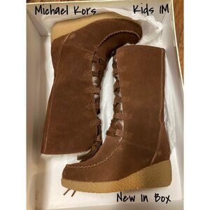 Michael Kors Miss Vanessa Brown Lace-Up Suede Wedge Boots Size 1M New In Box